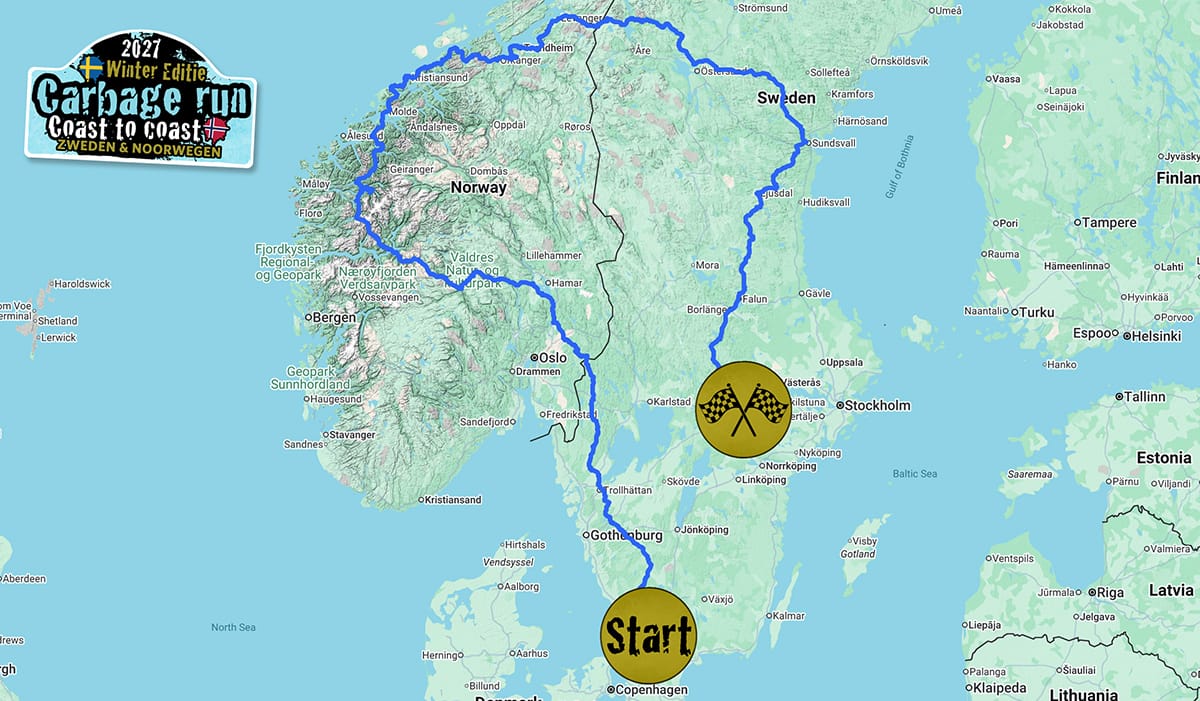 Routekaart Carbage Run Winter 2027 Coast to Coast — van Kopenhagen via Zweden naar Noorwegen en finish bij Stockholm